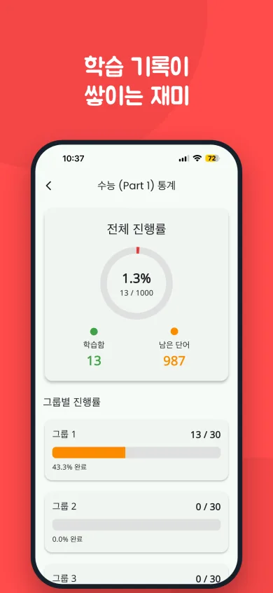 전체 진행률 링, 학습한 단어와 남은 단어 수, 그룹별 진행률이 보이는 통계 화면