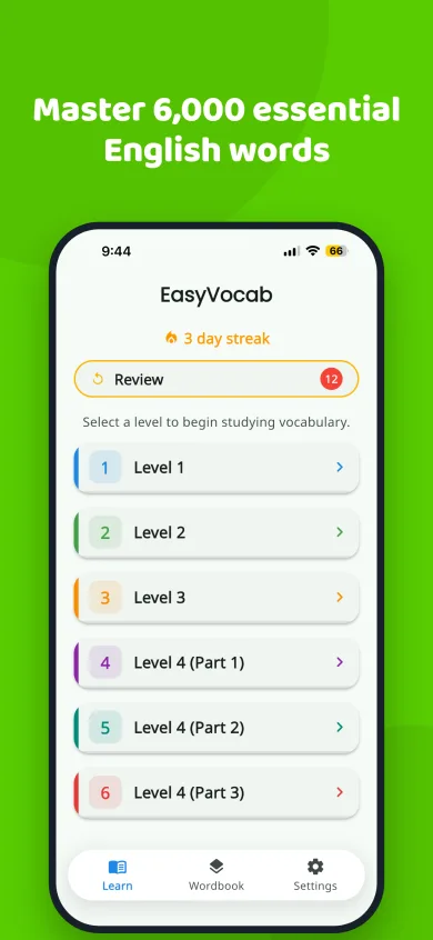 EasyVocab home screen with a day streak, a review button and a list of vocabulary levels