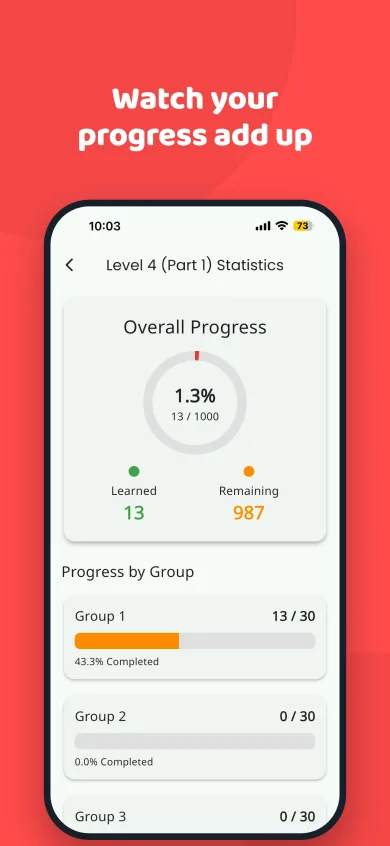 Statistics screen with an overall progress ring showing learned and remaining words, and a progress bar for each group