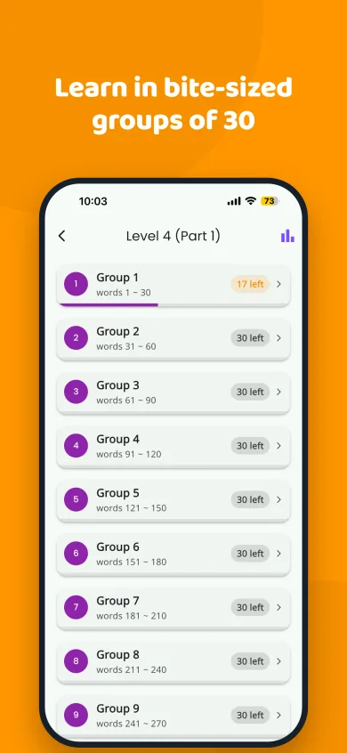 Level screen listing word groups of 30 words, each showing how many words are left
