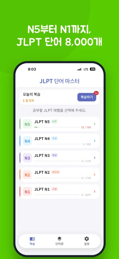JLPT 단어 마스터 홈 화면: 오늘의 복습 버튼과 N5부터 N1까지 레벨별 진행률 목록