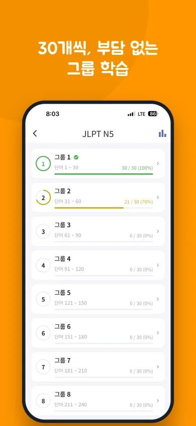 JLPT N5 화면: 30단어씩 나뉜 그룹 목록과 그룹별 진행률