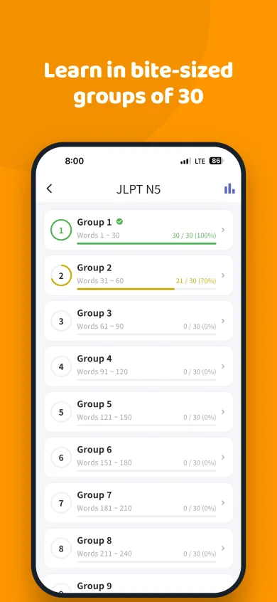 JLPT N5 screen listing word groups of 30 words, with a progress bar for each group