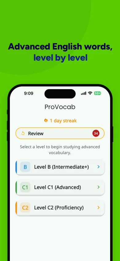 ProVocab home screen with a day streak, a review button and three advanced levels: B, C1 and C2