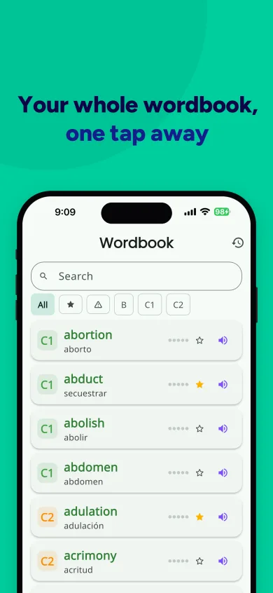 Wordbook screen with a search box, filter chips and a list of advanced English words with Spanish translations, star and audio buttons