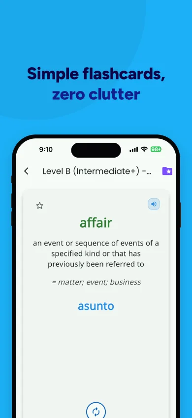 Flashcard showing the word "affair" with its English definition, synonyms and a Spanish translation