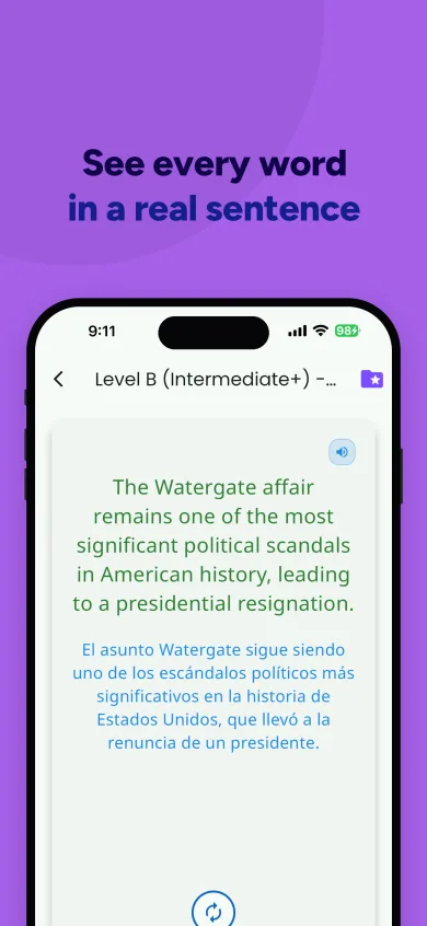 Flashcard showing an example sentence about the Watergate affair with its Spanish translation