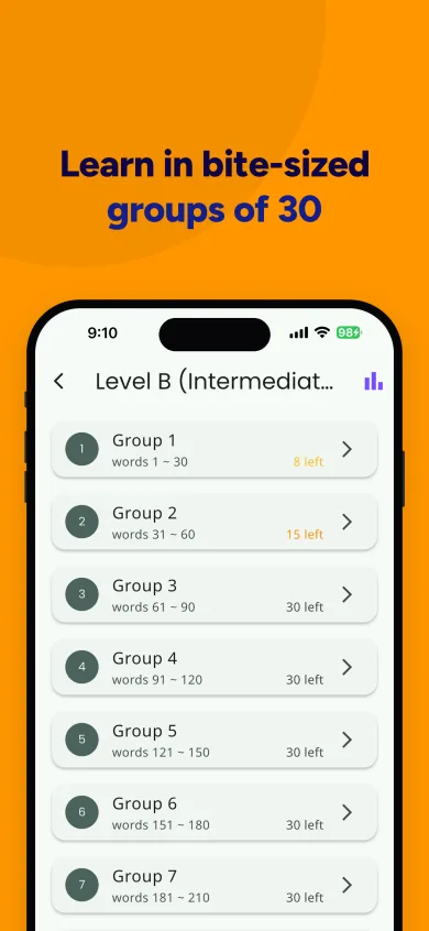 Level B screen listing word groups of 30 words, each showing how many words are left