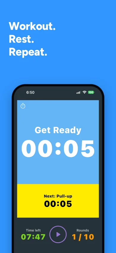 Interval timer in its Get Ready countdown at 00:05, with the next exercise (Pull-up), time left, round counter and a play button
