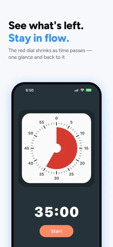 Visual timer with a red dial that shrinks as time passes, a 35:00 countdown and a Start button