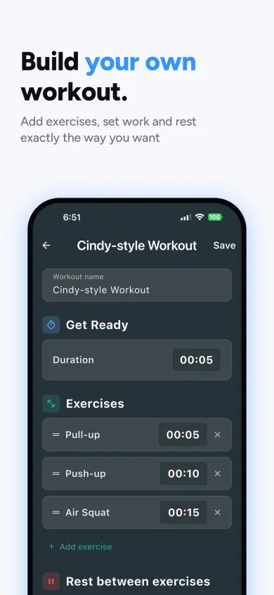 Workout editor with a workout name, a Get Ready duration and a list of exercises with adjustable times