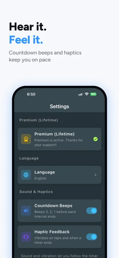 Settings screen with language selection and toggles for countdown beeps and haptic feedback